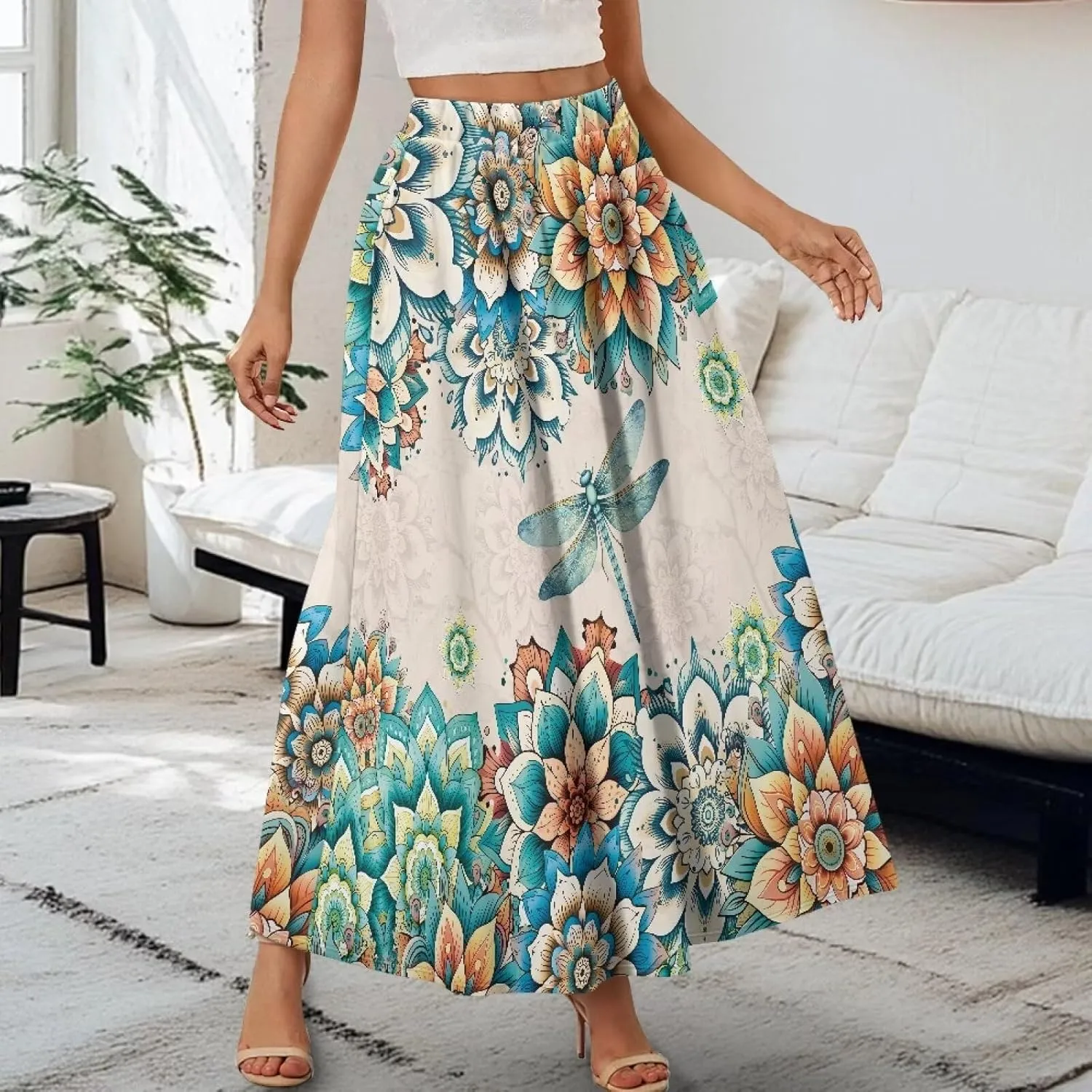 Women's Maxi Pull On Closure Skirt Plus Size Flowy A-Line Skirt with Pockets for Leisure Daily Life