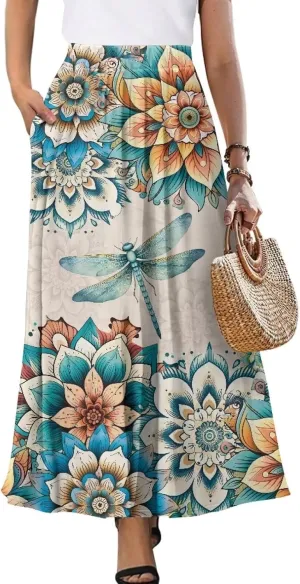 Women's Maxi Pull On Closure Skirt Plus Size Flowy A-Line Skirt with Pockets for Leisure Daily Life