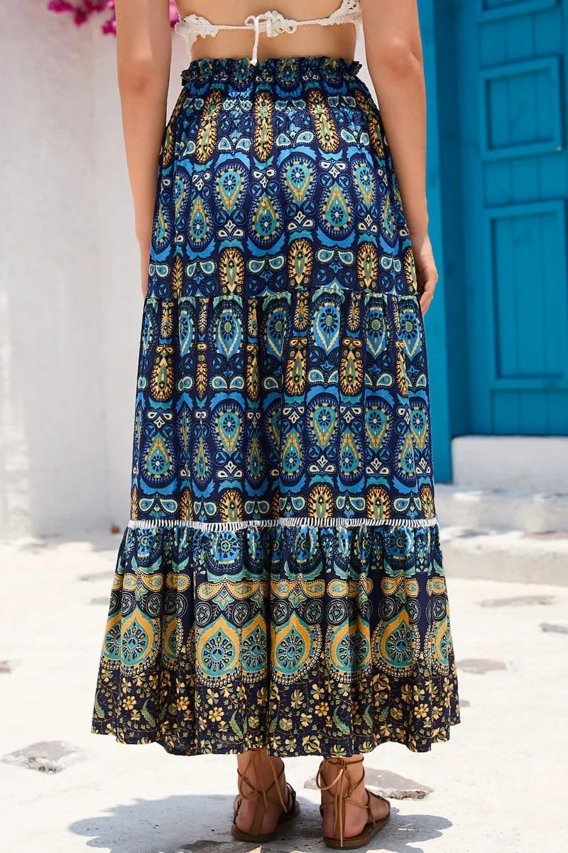 Women's Ruffle Elastic High Waist Floral Printed Boho Maxi Skirt Summer Beach Holiday Long Skirt