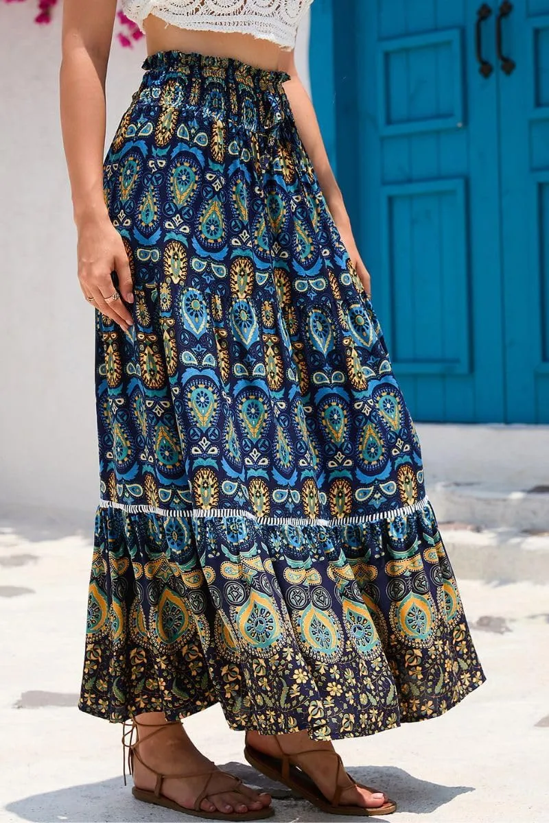 Women's Ruffle Elastic High Waist Floral Printed Boho Maxi Skirt Summer Beach Holiday Long Skirt