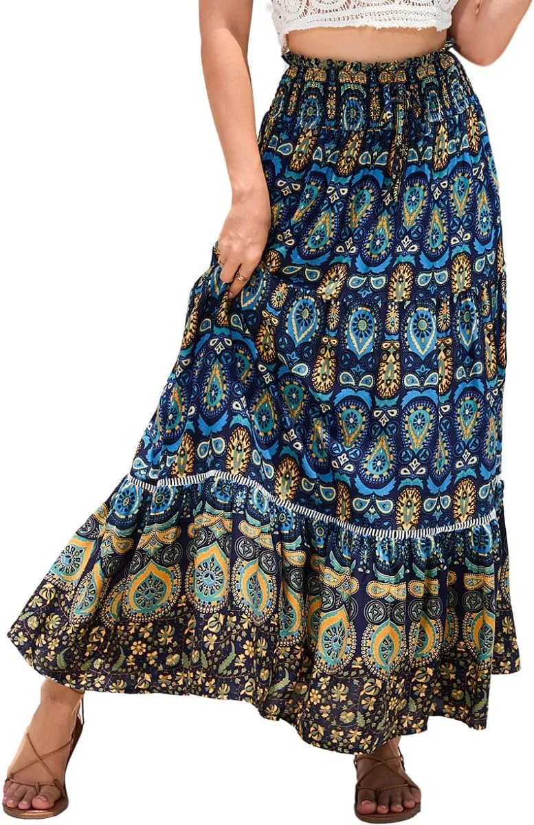 Women's Ruffle Elastic High Waist Floral Printed Boho Maxi Skirt Summer Beach Holiday Long Skirt