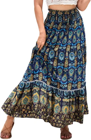 Women's Ruffle Elastic High Waist Floral Printed Boho Maxi Skirt Summer Beach Holiday Long Skirt
