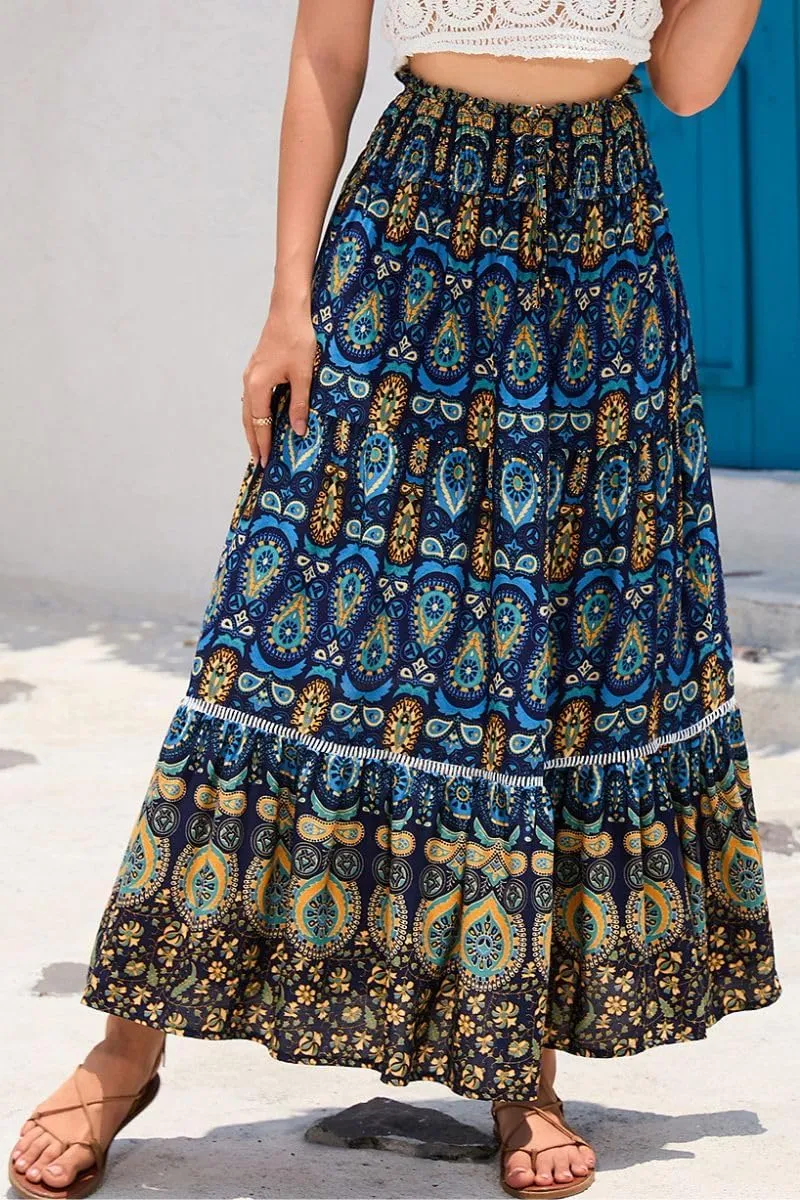 Women's Ruffle Elastic High Waist Floral Printed Boho Maxi Skirt Summer Beach Holiday Long Skirt