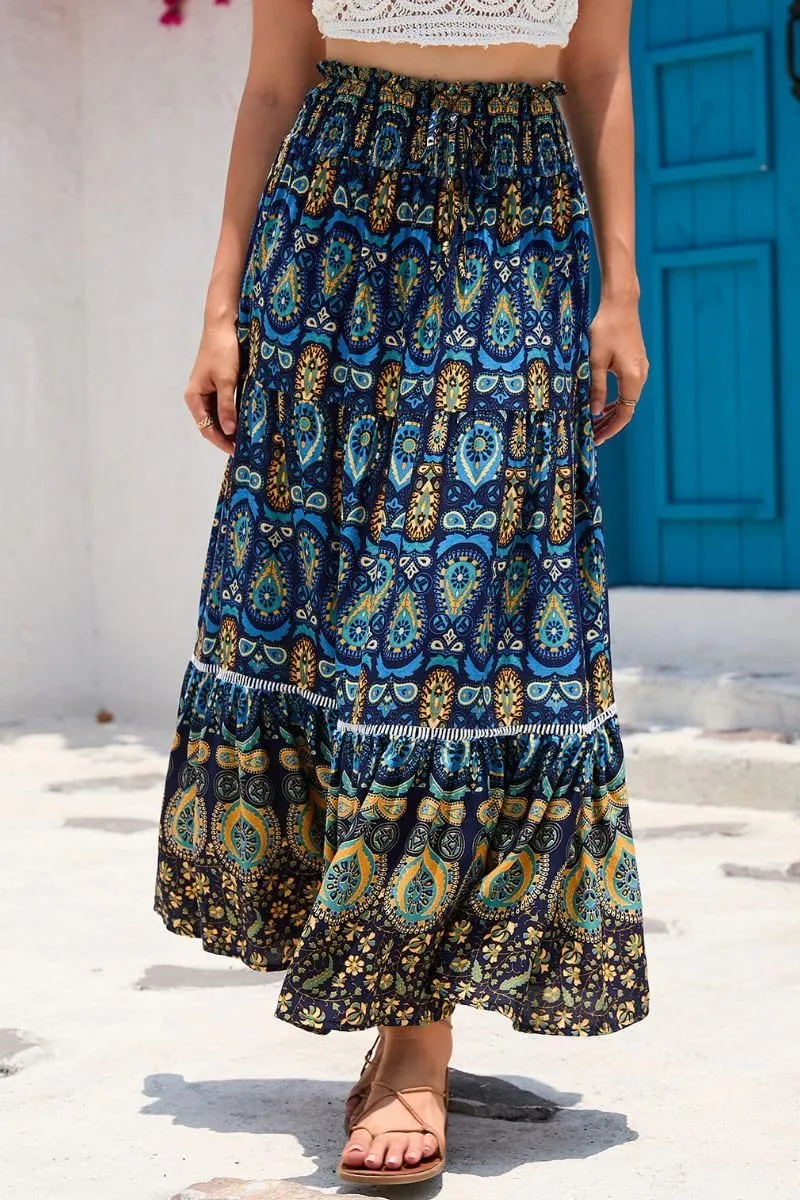 Women's Ruffle Elastic High Waist Floral Printed Boho Maxi Skirt Summer Beach Holiday Long Skirt