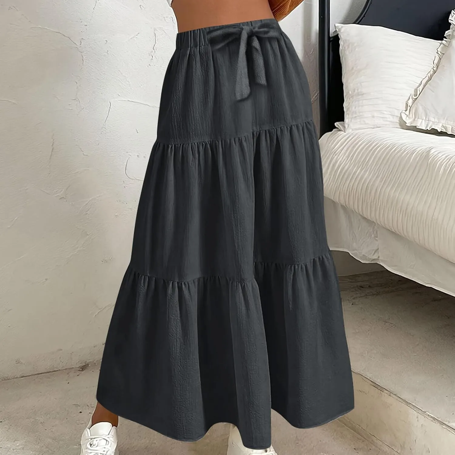 Womens Ruffle Maxi Skirts High Waist Elastic Layered Pleated Long Skirt Summer Casual Flowy Skirts with Drawstring