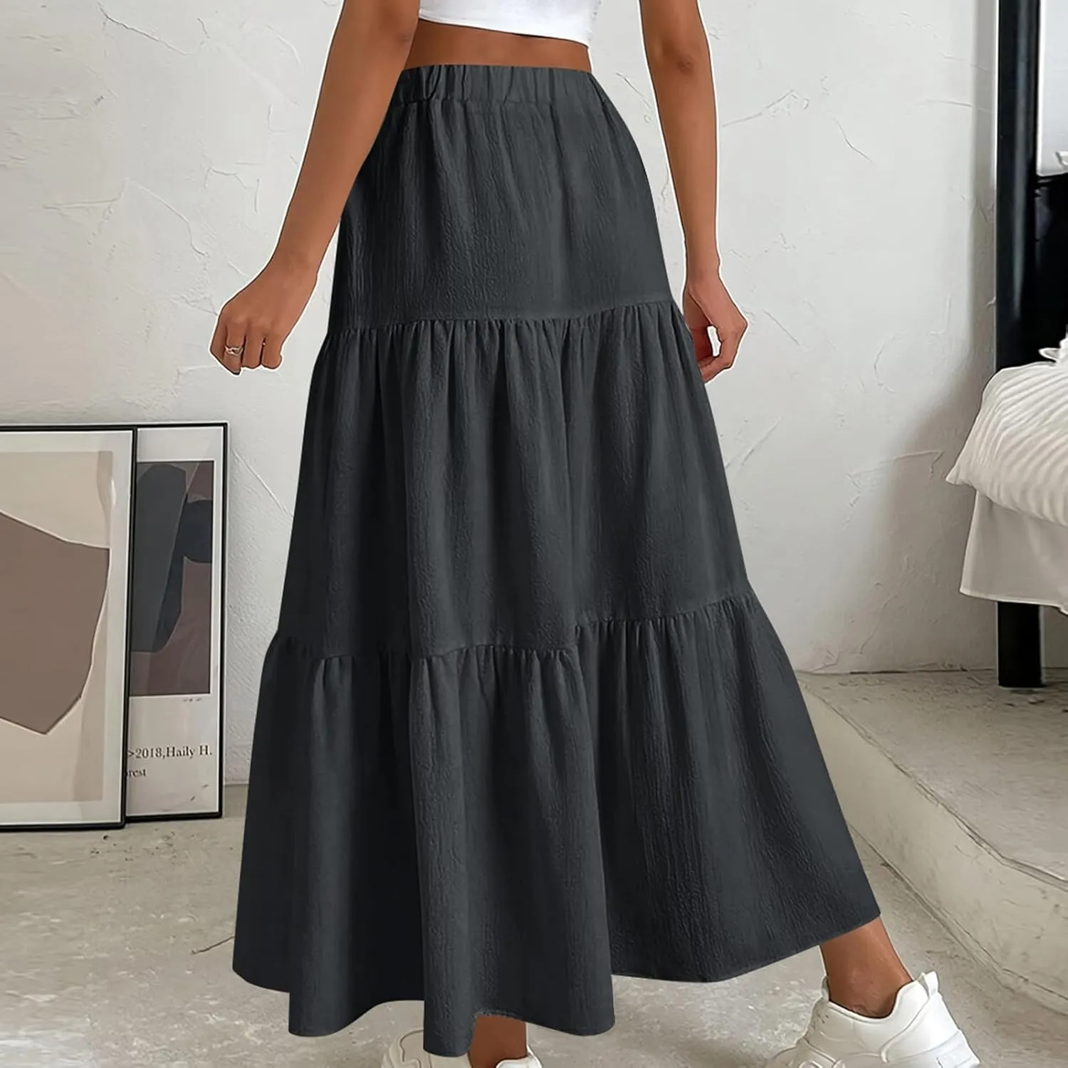 Womens Ruffle Maxi Skirts High Waist Elastic Layered Pleated Long Skirt Summer Casual Flowy Skirts with Drawstring