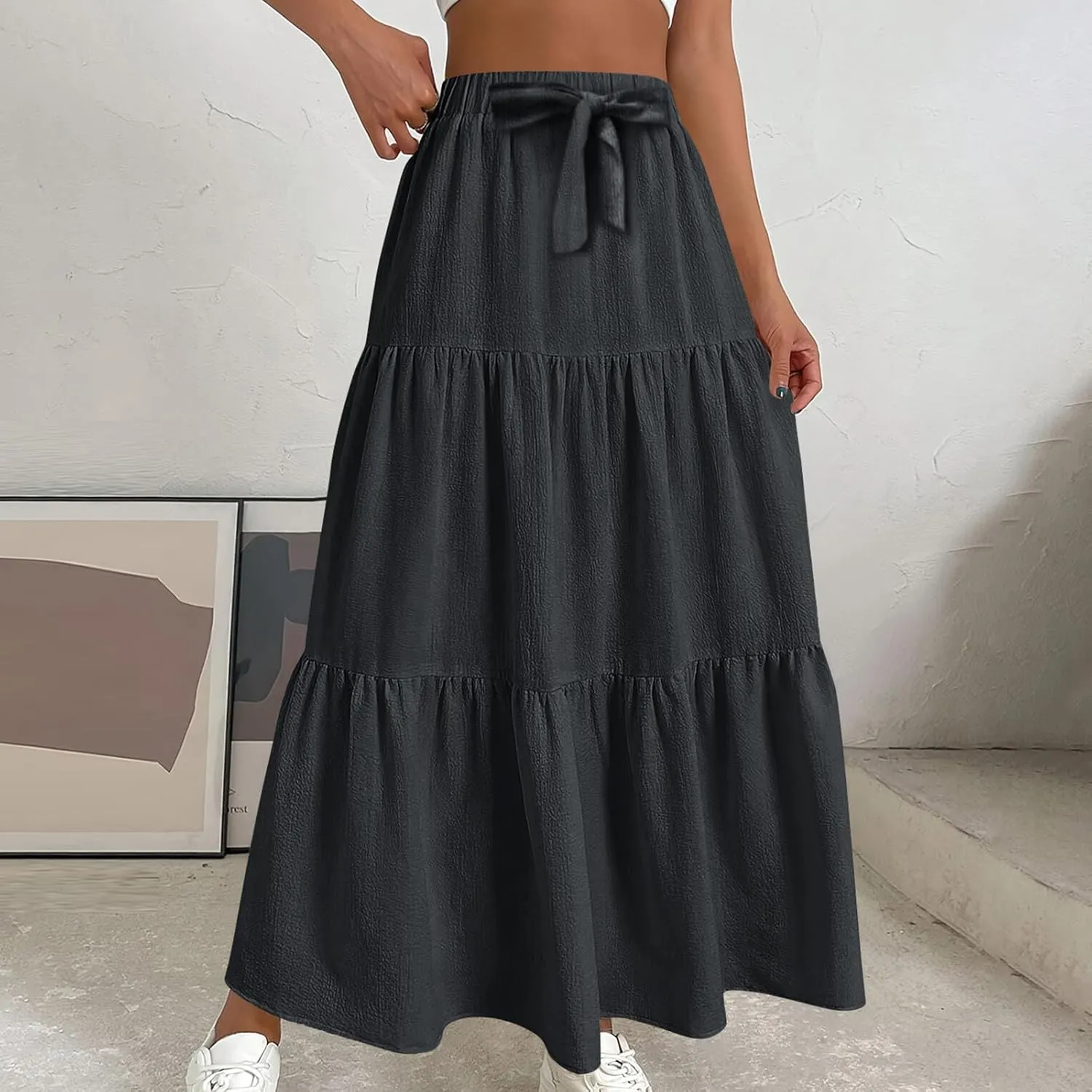 Womens Ruffle Maxi Skirts High Waist Elastic Layered Pleated Long Skirt Summer Casual Flowy Skirts with Drawstring