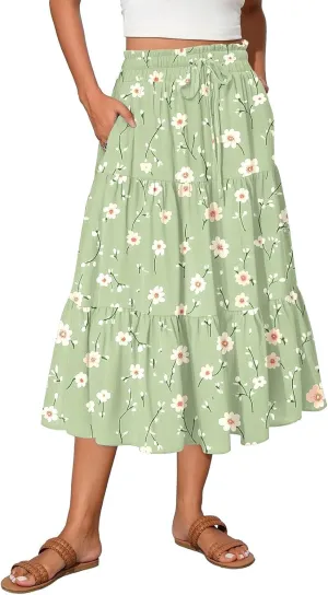 Womens Ruffled Tiered Floral Midi Skirts Casual High Waist Flowy Swing Dress 2025 Summer Boho Long Skirt with Pockets