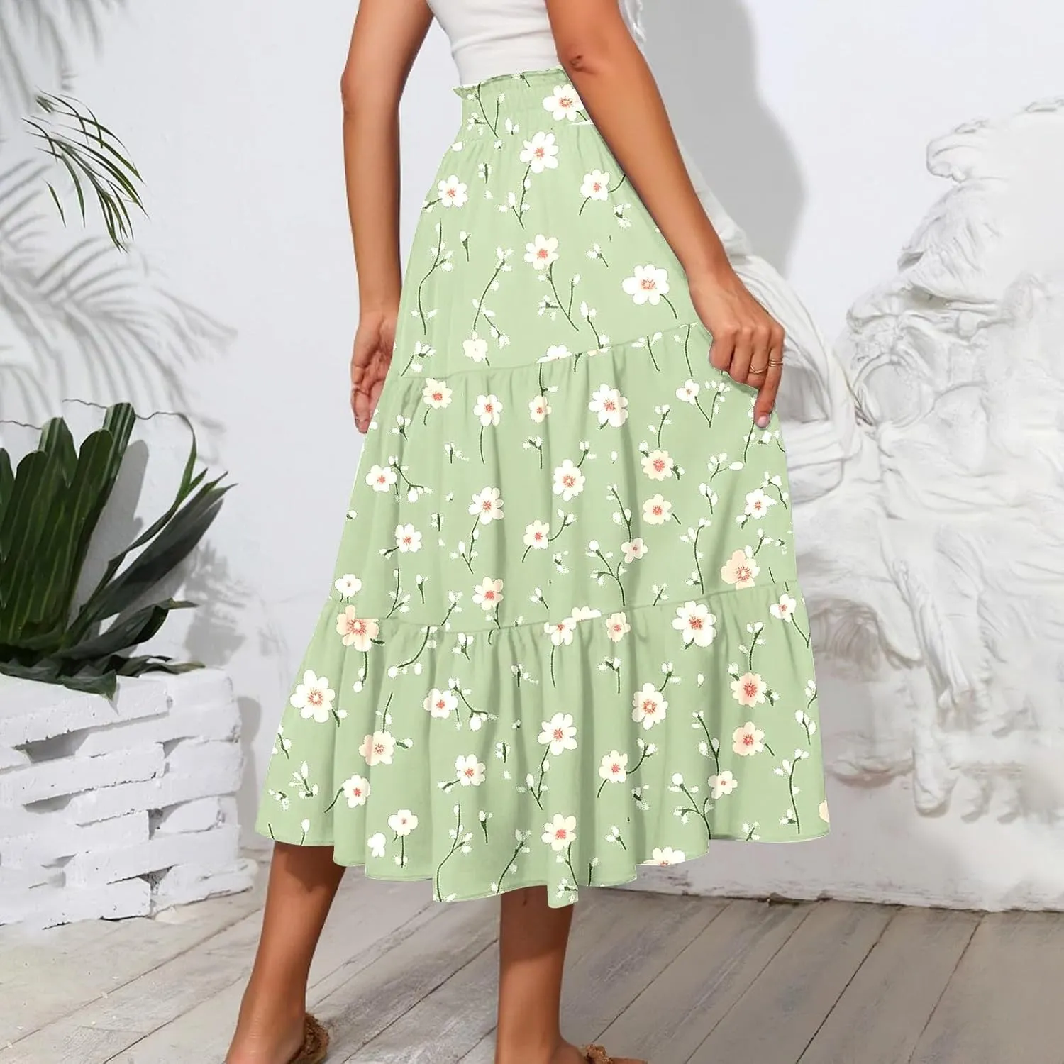 Womens Ruffled Tiered Floral Midi Skirts Casual High Waist Flowy Swing Dress 2025 Summer Boho Long Skirt with Pockets