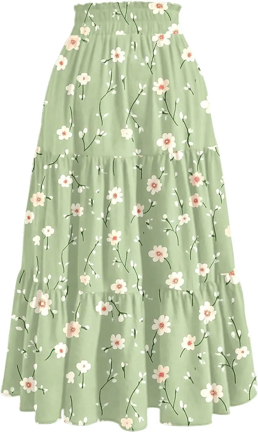 Womens Ruffled Tiered Floral Midi Skirts Casual High Waist Flowy Swing Dress 2025 Summer Boho Long Skirt with Pockets