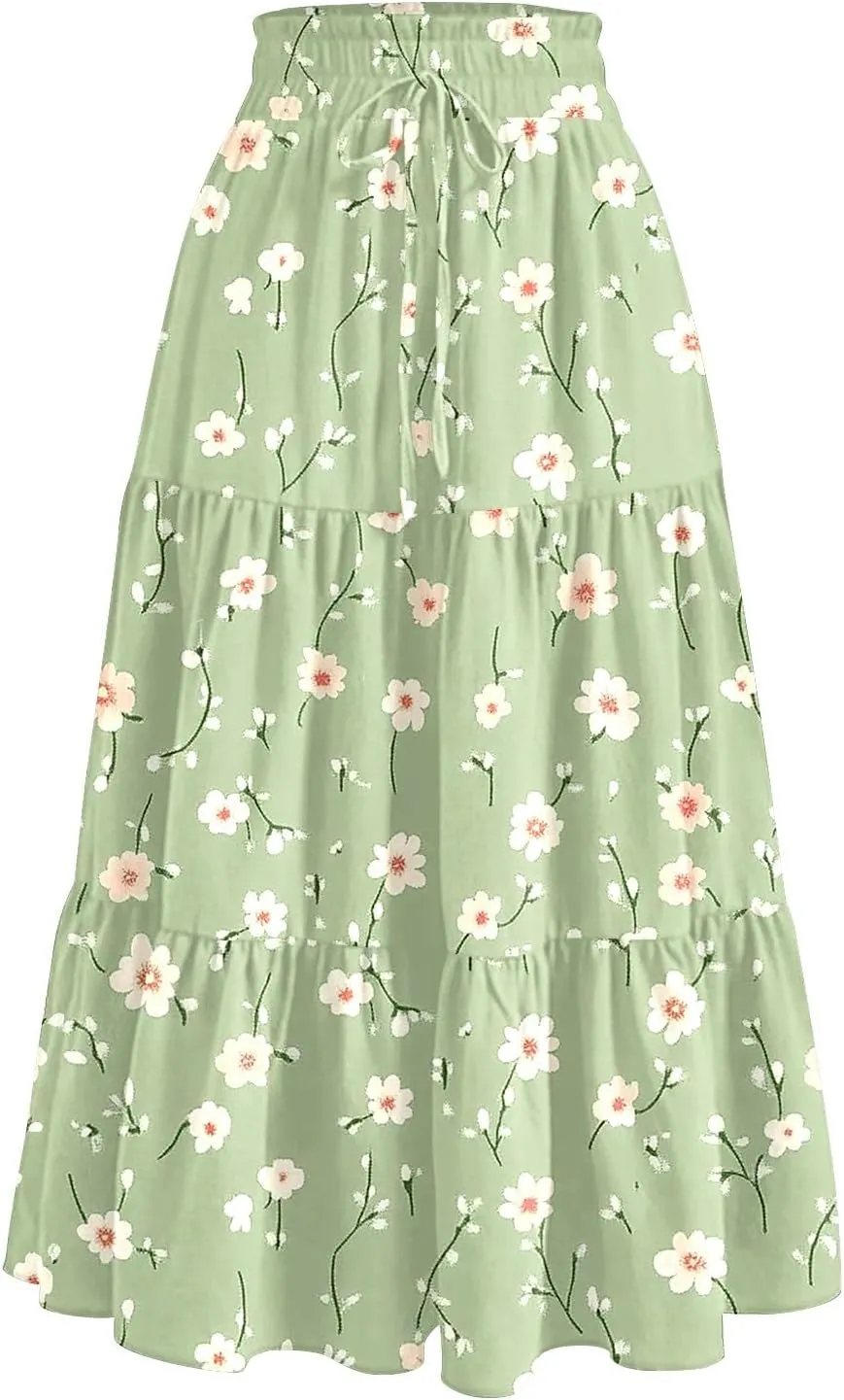 Womens Ruffled Tiered Floral Midi Skirts Casual High Waist Flowy Swing Dress 2025 Summer Boho Long Skirt with Pockets