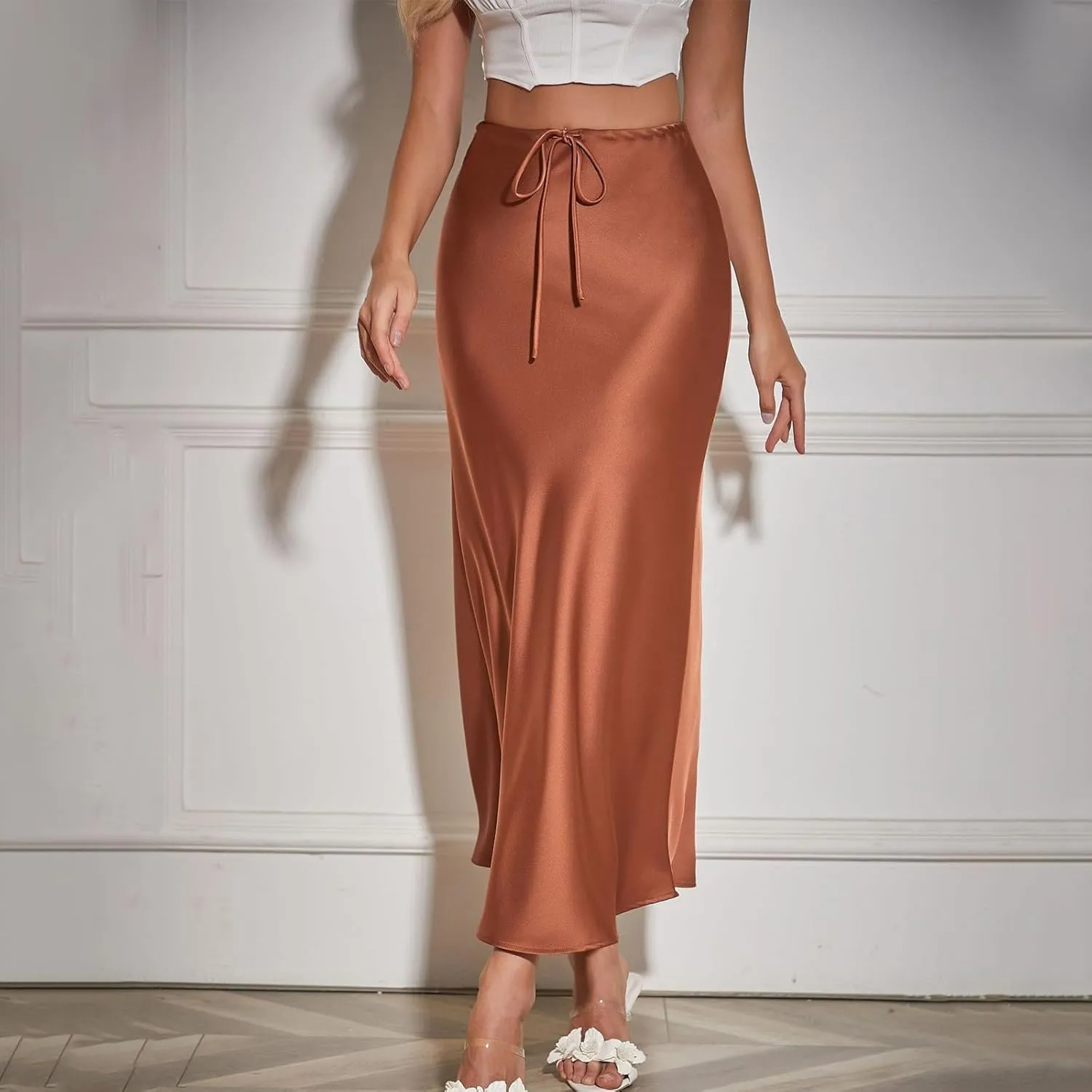 Women's Satin Maxi Skirts Drawstring High Waist Silk Flowy Casual A-Line Long Skirt Cocktail Party Weekend Midi Skirts