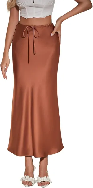 Women's Satin Maxi Skirts Drawstring High Waist Silk Flowy Casual A-Line Long Skirt Cocktail Party Weekend Midi Skirts