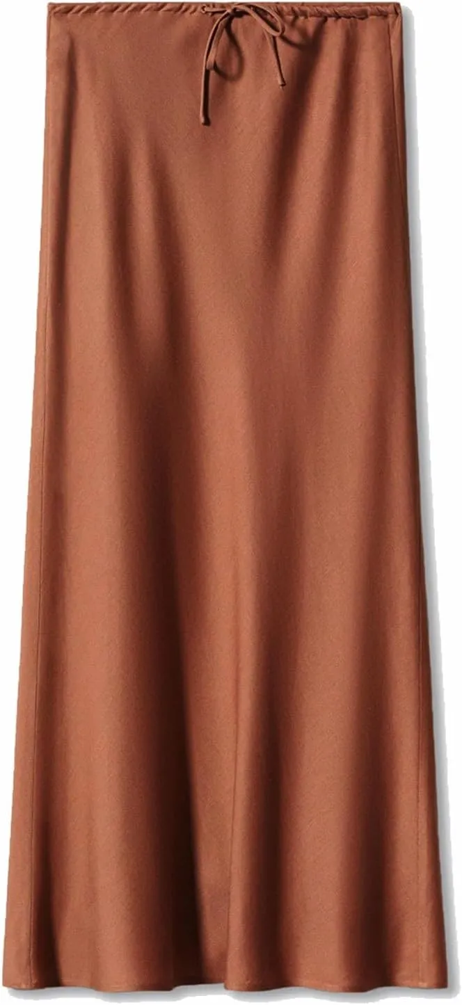 Women's Satin Maxi Skirts Drawstring High Waist Silk Flowy Casual A-Line Long Skirt Cocktail Party Weekend Midi Skirts