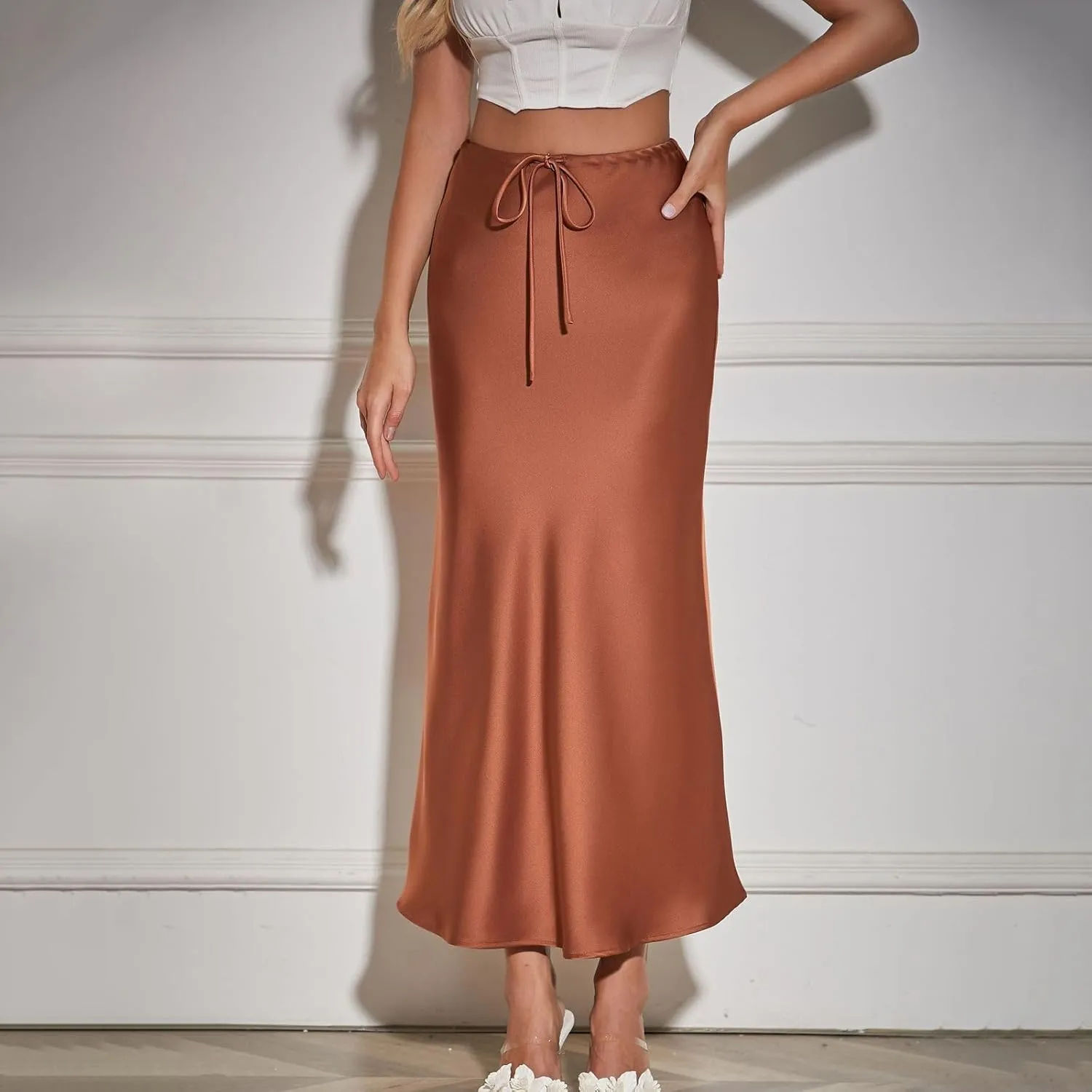 Women's Satin Maxi Skirts Drawstring High Waist Silk Flowy Casual A-Line Long Skirt Cocktail Party Weekend Midi Skirts