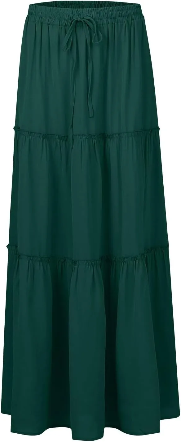 Women's Skirts Casual Summer Elastic High Waisted Flowy A Line Long Skirts Trendy Pleated Plus Size Maxi Skirts with Pockets