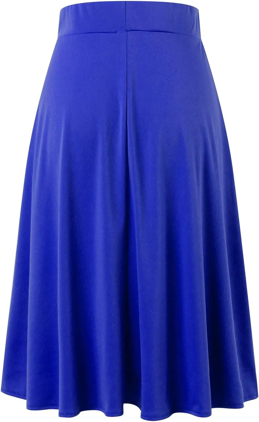 Women's Solid Basic Lightweight Midi Skirts Flare Knee Length Skirt Elastic Waist Office Pleated Skirt