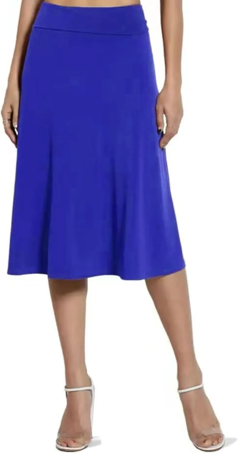 Women's Solid Basic Lightweight Midi Skirts Flare Knee Length Skirt Elastic Waist Office Pleated Skirt