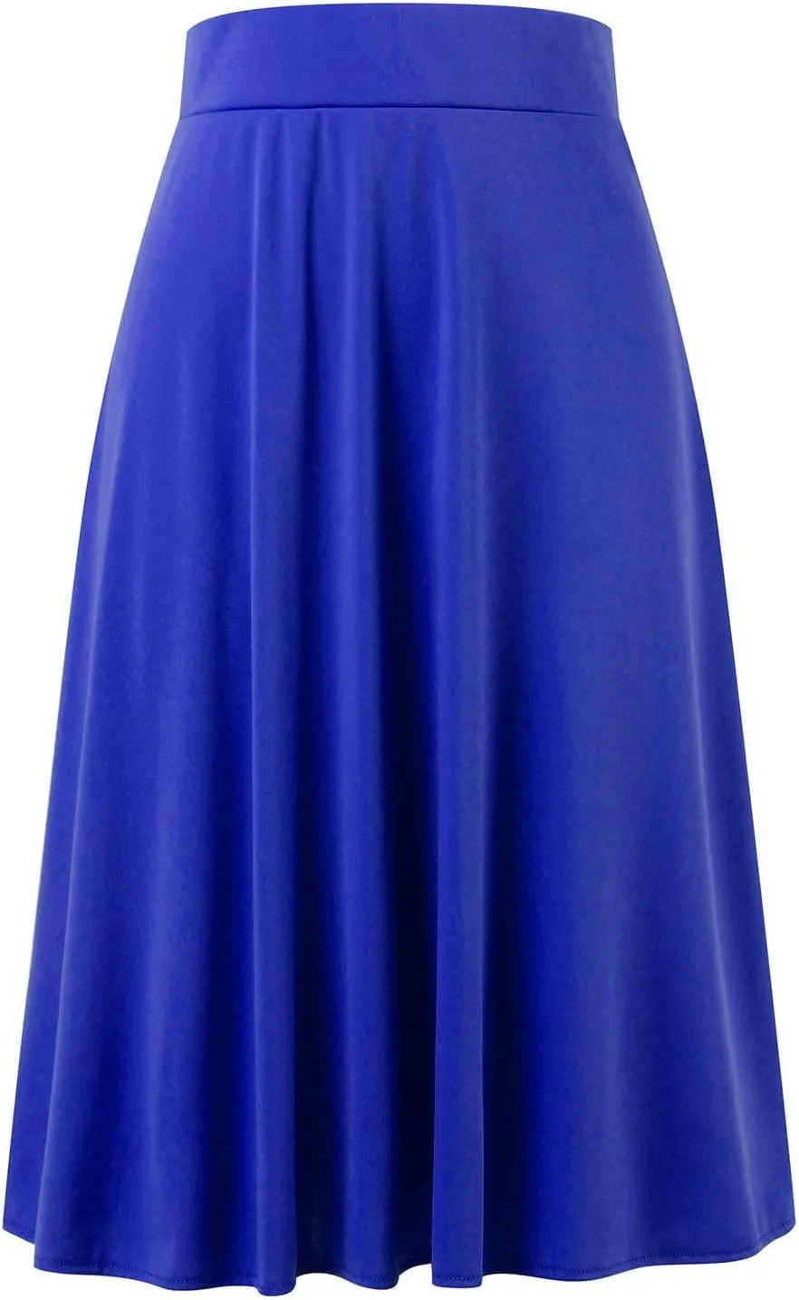Women's Solid Basic Lightweight Midi Skirts Flare Knee Length Skirt Elastic Waist Office Pleated Skirt
