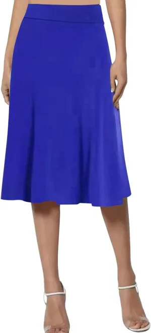Women's Solid Basic Lightweight Midi Skirts Flare Knee Length Skirt Elastic Waist Office Pleated Skirt