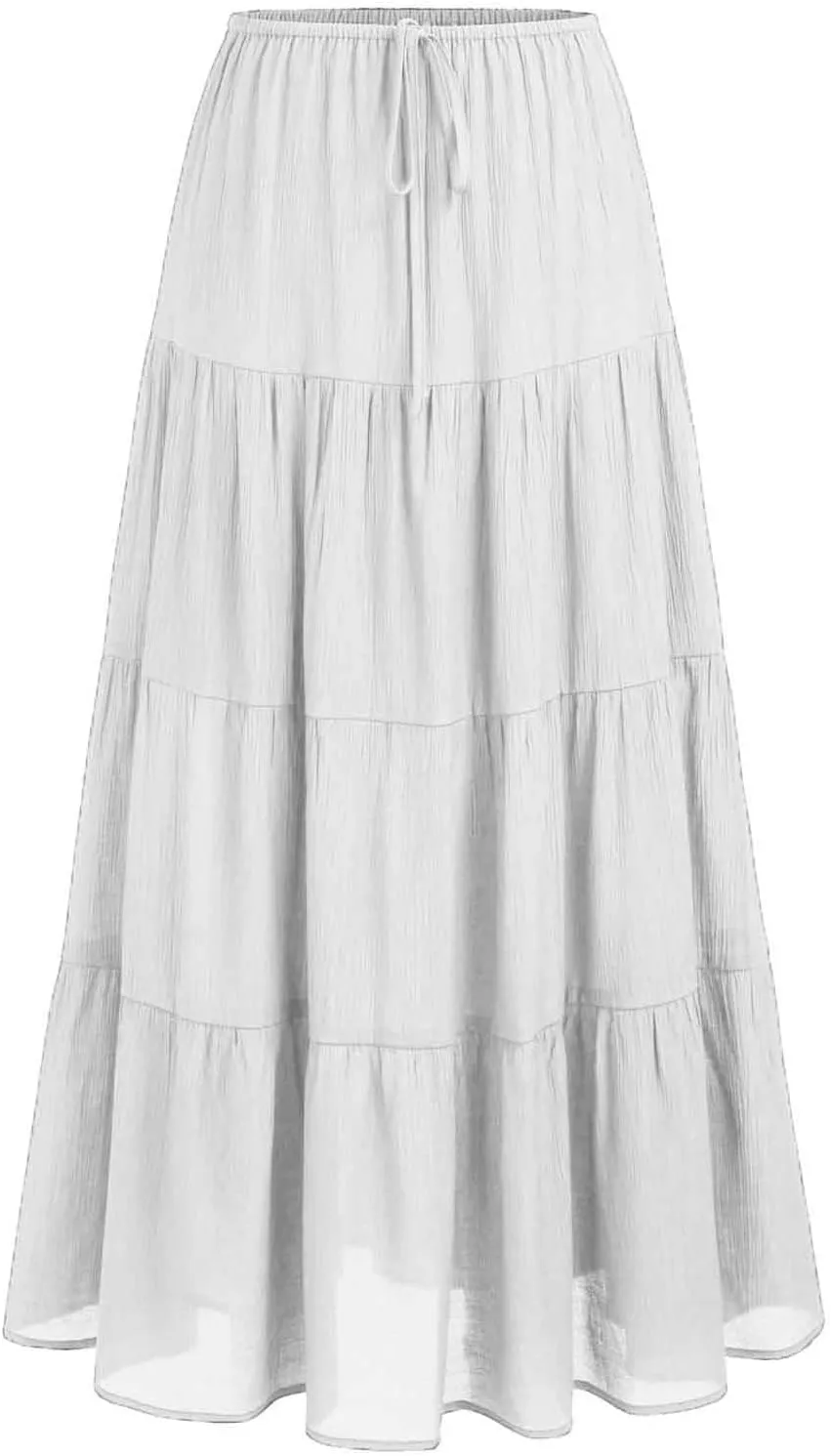 Women's Summer Boho Vacation Beach A-Line Midi Skirt Pleated Ruffle Drawstring Elastic High Waist Tiered Flowy Skirts