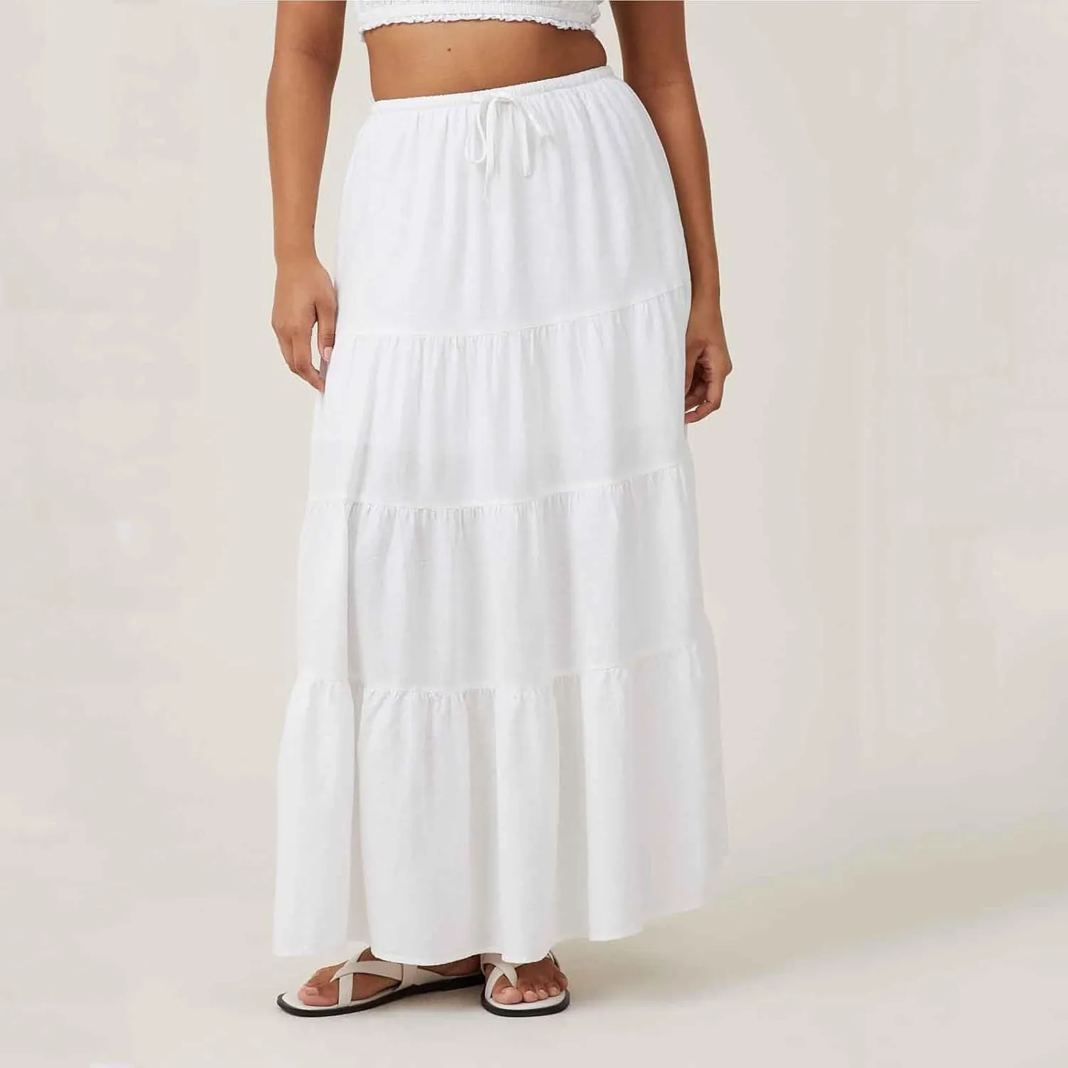 Women's Summer Boho Vacation Beach A-Line Midi Skirt Pleated Ruffle Drawstring Elastic High Waist Tiered Flowy Skirts