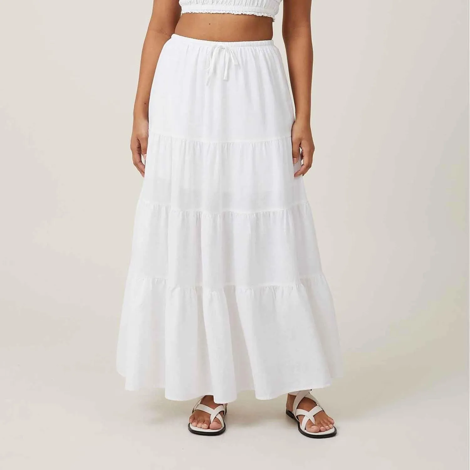 Women's Summer Boho Vacation Beach A-Line Midi Skirt Pleated Ruffle Drawstring Elastic High Waist Tiered Flowy Skirts