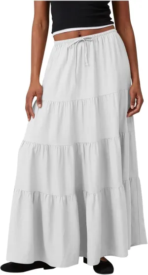 Women's Summer Boho Vacation Beach A-Line Midi Skirt Pleated Ruffle Drawstring Elastic High Waist Tiered Flowy Skirts