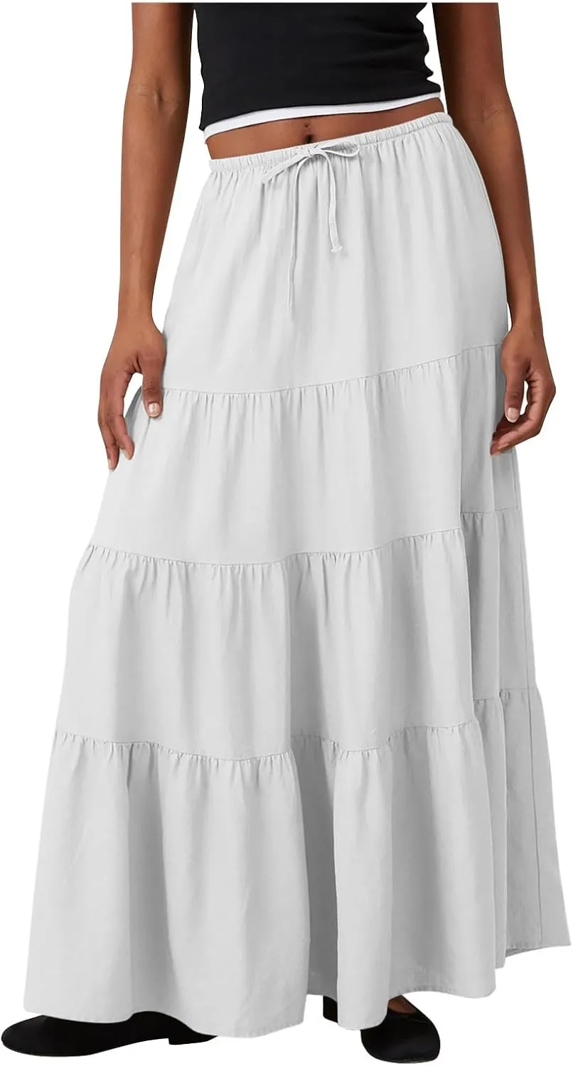 Women's Summer Boho Vacation Beach A-Line Midi Skirt Pleated Ruffle Drawstring Elastic High Waist Tiered Flowy Skirts