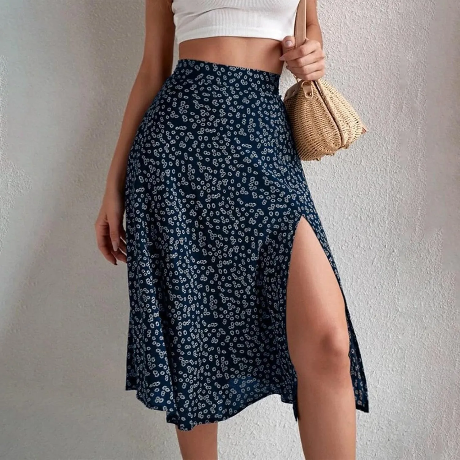 Women's Summer Casual Loose Trendy Elastic High Waist Floral Print Bohemian Split Sun Beach Midi Skirts 2025, S-3XL