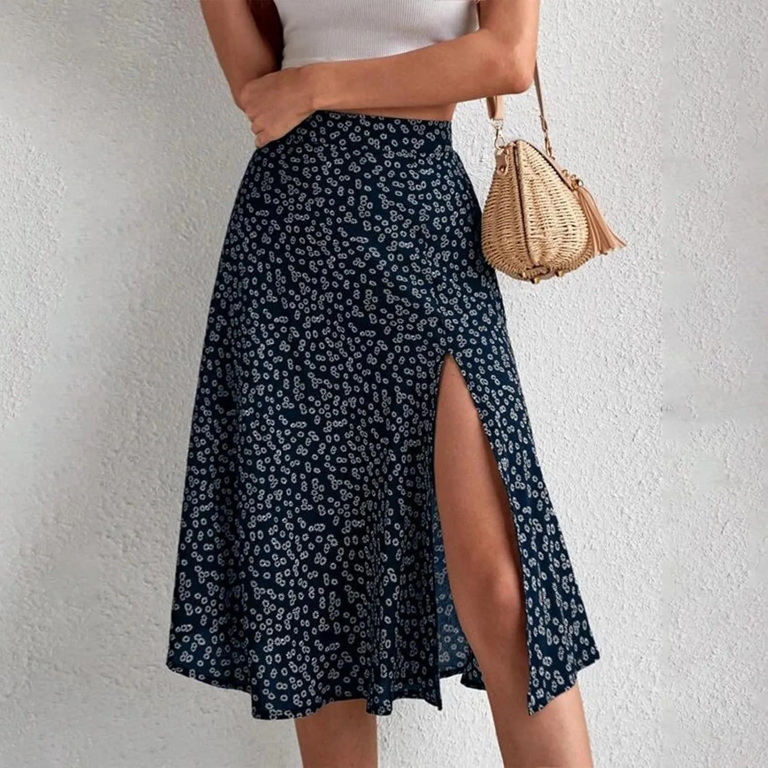 Women's Summer Casual Loose Trendy Elastic High Waist Floral Print Bohemian Split Sun Beach Midi Skirts 2025, S-3XL