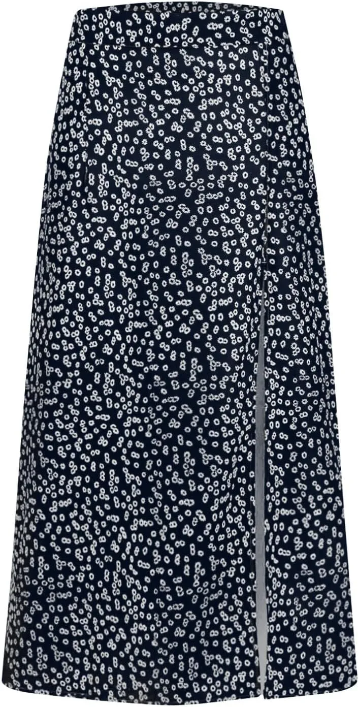 Women's Summer Casual Loose Trendy Elastic High Waist Floral Print Bohemian Split Sun Beach Midi Skirts 2025, S-3XL