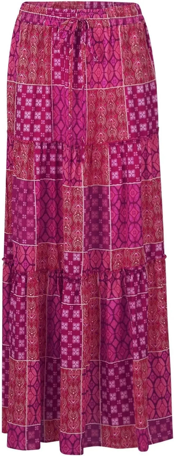 Women's Summer Skirts 2025 Loose Trendy Elastic High Waist Floral Print Boho Sun Beach Long Maxi Skirt, S-2XL