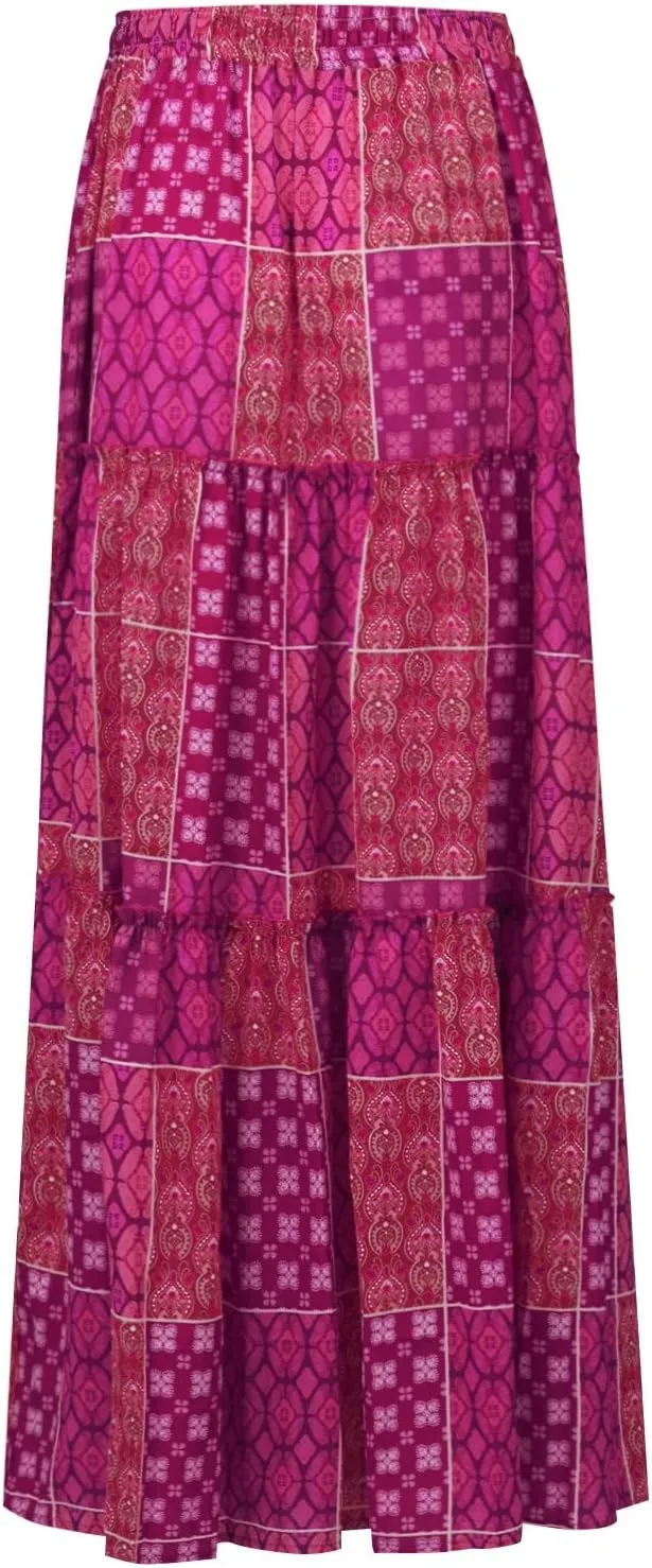 Women's Summer Skirts 2025 Loose Trendy Elastic High Waist Floral Print Boho Sun Beach Long Maxi Skirt, S-2XL