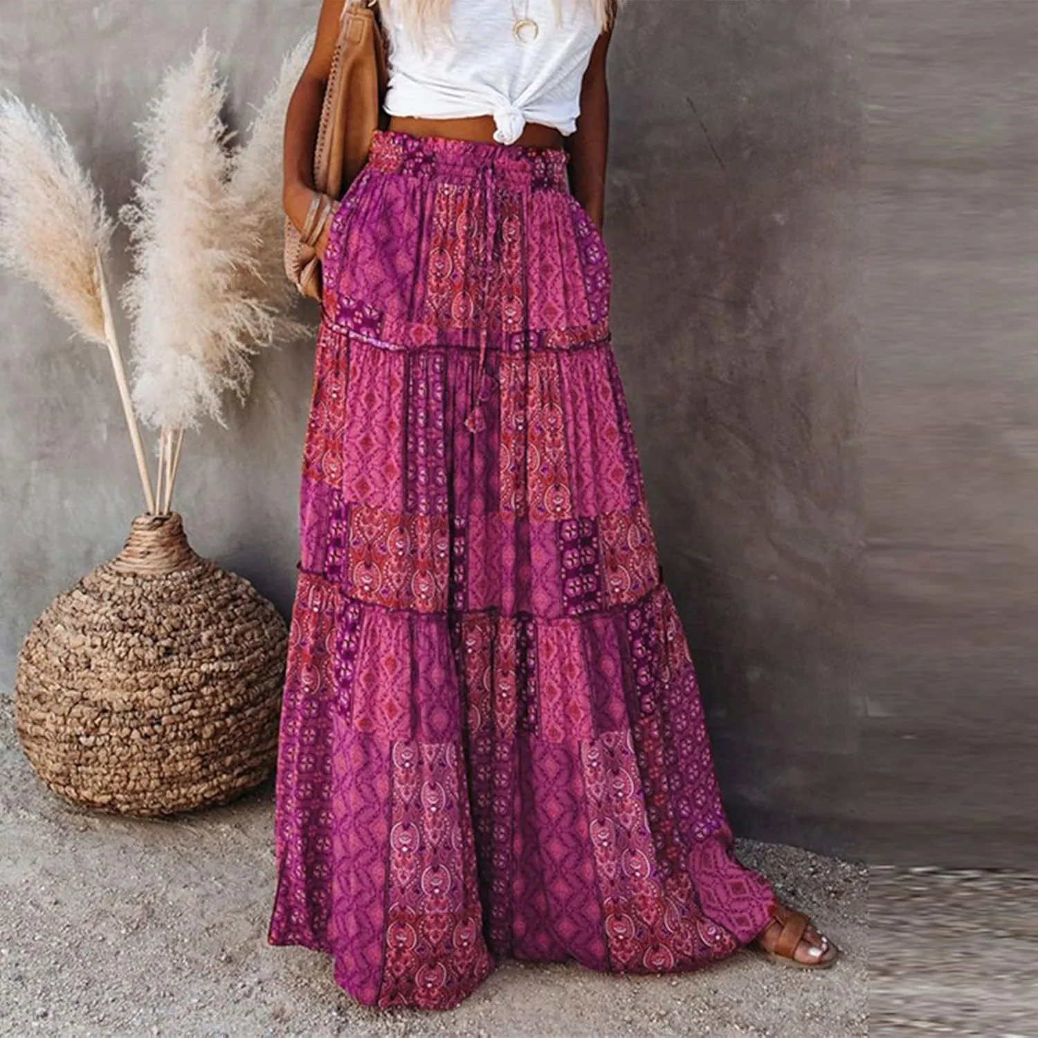 Women's Summer Skirts 2025 Loose Trendy Elastic High Waist Floral Print Boho Sun Beach Long Maxi Skirt, S-2XL