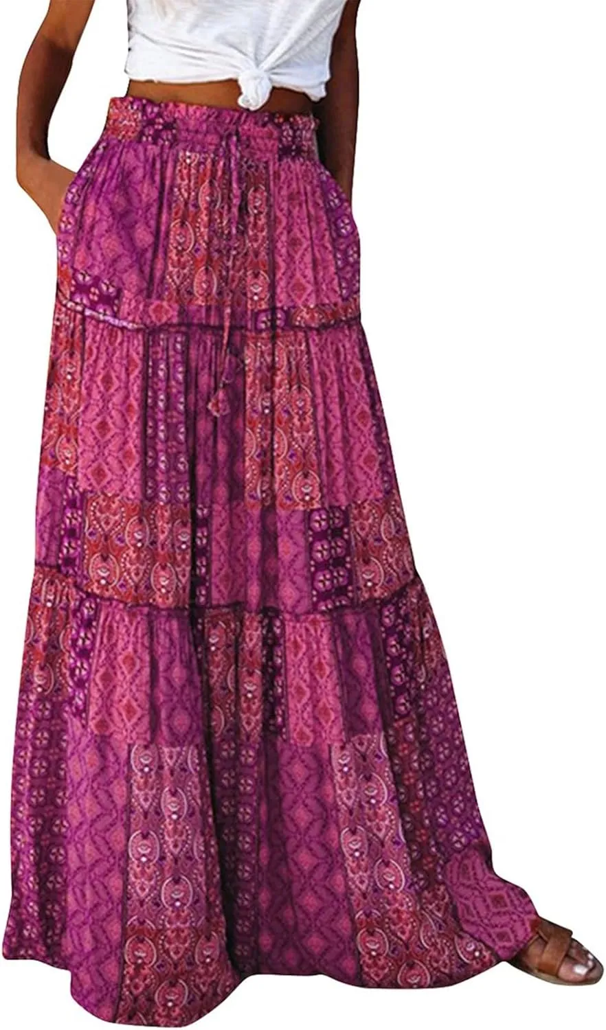 Women's Summer Skirts 2025 Loose Trendy Elastic High Waist Floral Print Boho Sun Beach Long Maxi Skirt, S-2XL