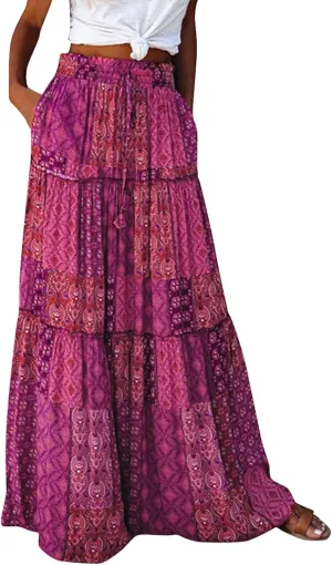 Women's Summer Skirts 2025 Loose Trendy Elastic High Waist Floral Print Boho Sun Beach Long Maxi Skirt, S-2XL