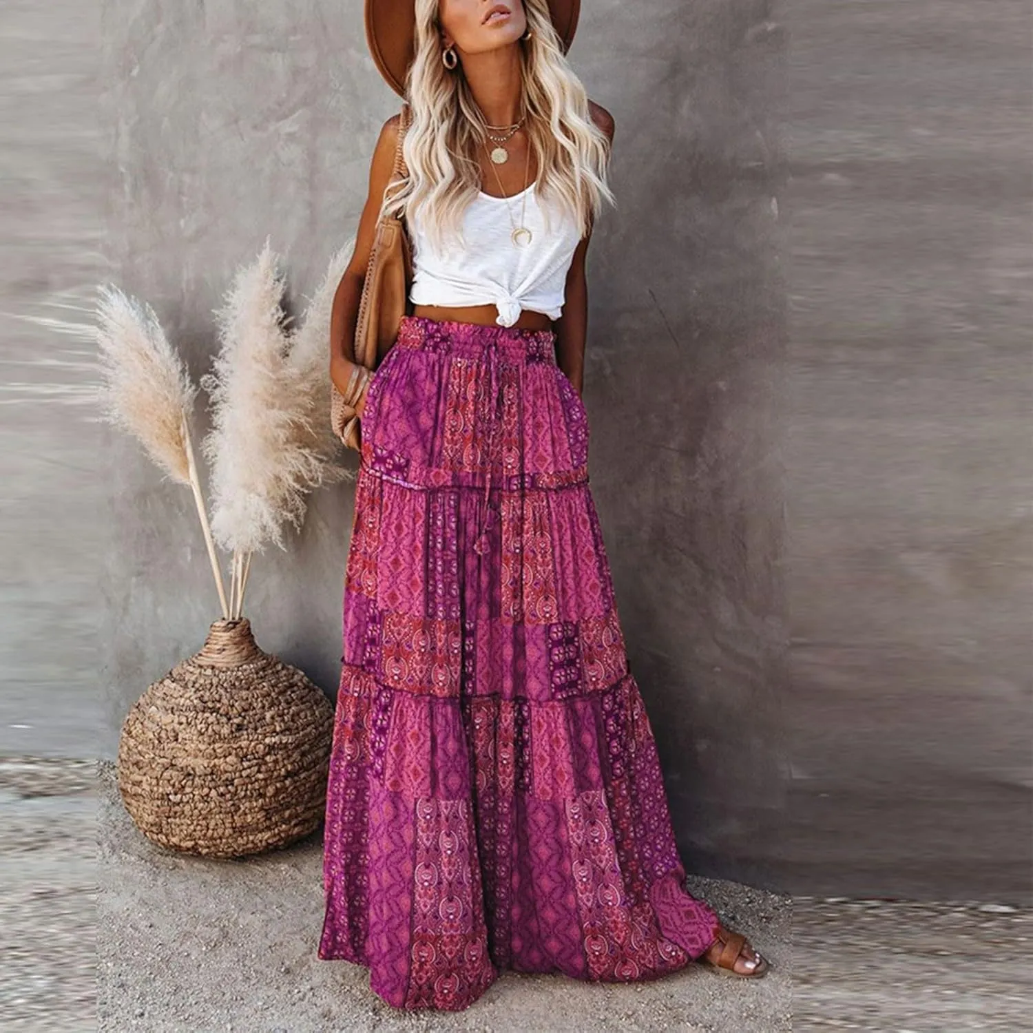 Women's Summer Skirts 2025 Loose Trendy Elastic High Waist Floral Print Boho Sun Beach Long Maxi Skirt, S-2XL