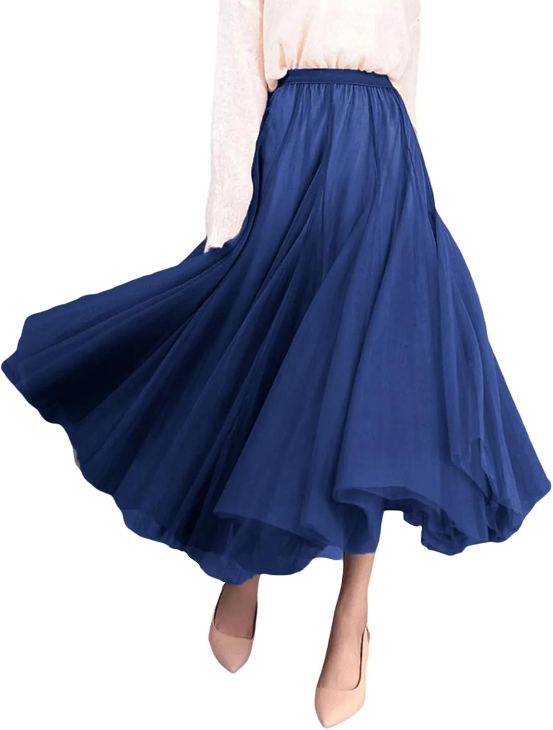Women's Tulle Midi Skirt Elastic High Waist Layered Pleated Mesh Flowy A-Line Prom Party Long Tutu Skirts