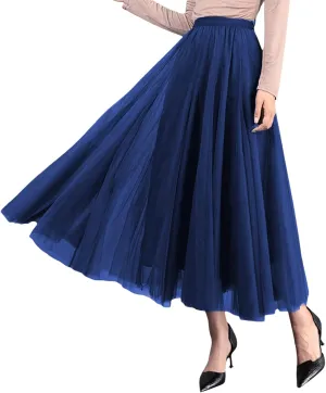 Women's Tulle Midi Skirt Elastic High Waist Layered Pleated Mesh Flowy A-Line Prom Party Long Tutu Skirts