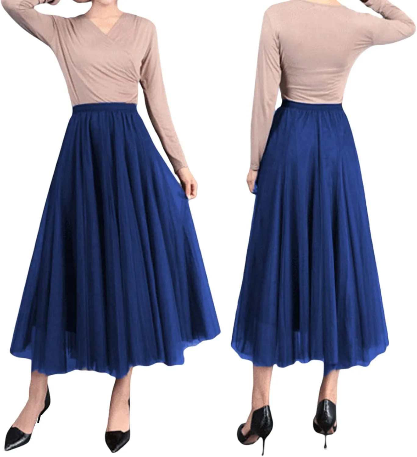 Women's Tulle Midi Skirt Elastic High Waist Layered Pleated Mesh Flowy A-Line Prom Party Long Tutu Skirts