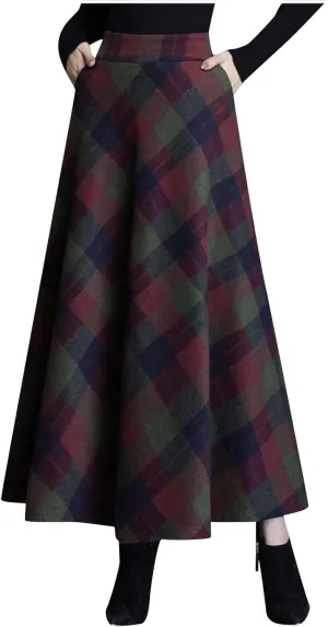 Women's Winter Wool Plaid Skirt Casual Vintage Pleated A-Line Long Midi Skirts Elastic High Waist Tea Length Tartan