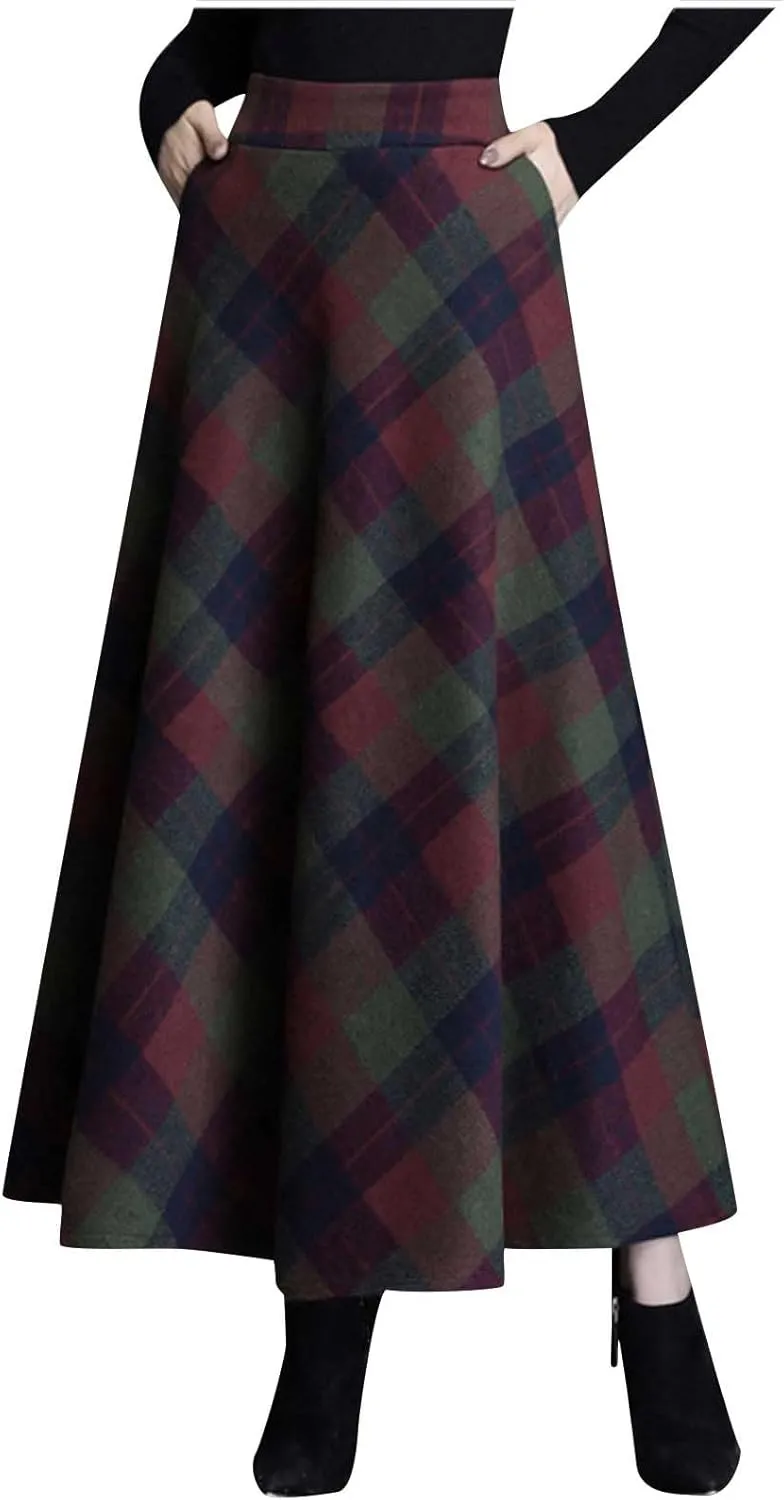 Women's Winter Wool Plaid Skirt Casual Vintage Pleated A-Line Long Midi Skirts Elastic High Waist Tea Length Tartan