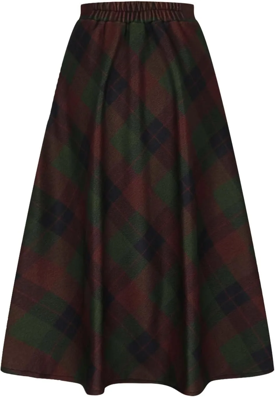 Women's Winter Wool Plaid Skirt Casual Vintage Pleated A-Line Long Midi Skirts Elastic High Waist Tea Length Tartan