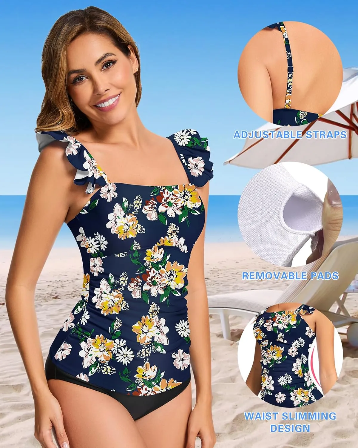 WOWENY Swim Tankini Top Only for Women Tummy Control Tankini Swimsuits UPF 50  Ruffle Bathing Suit Tops No Bottom