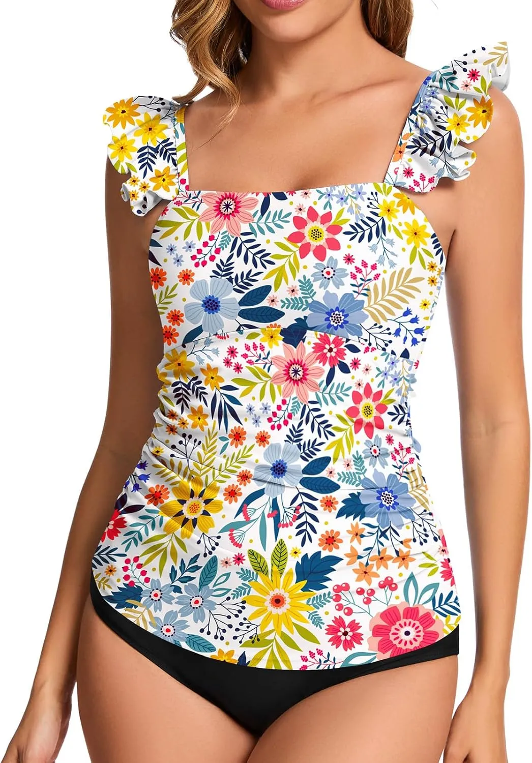 WOWENY Swim Tankini Top Only for Women Tummy Control Tankini Swimsuits UPF 50  Ruffle Bathing Suit Tops No Bottom