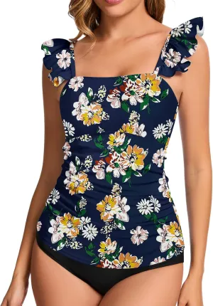 WOWENY Swim Tankini Top Only for Women Tummy Control Tankini Swimsuits UPF 50  Ruffle Bathing Suit Tops No Bottom
