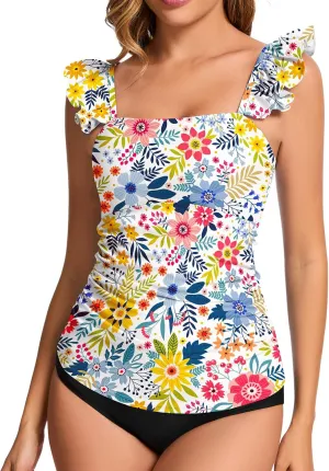 WOWENY Swim Tankini Top Only for Women Tummy Control Tankini Swimsuits UPF 50  Ruffle Bathing Suit Tops No Bottom