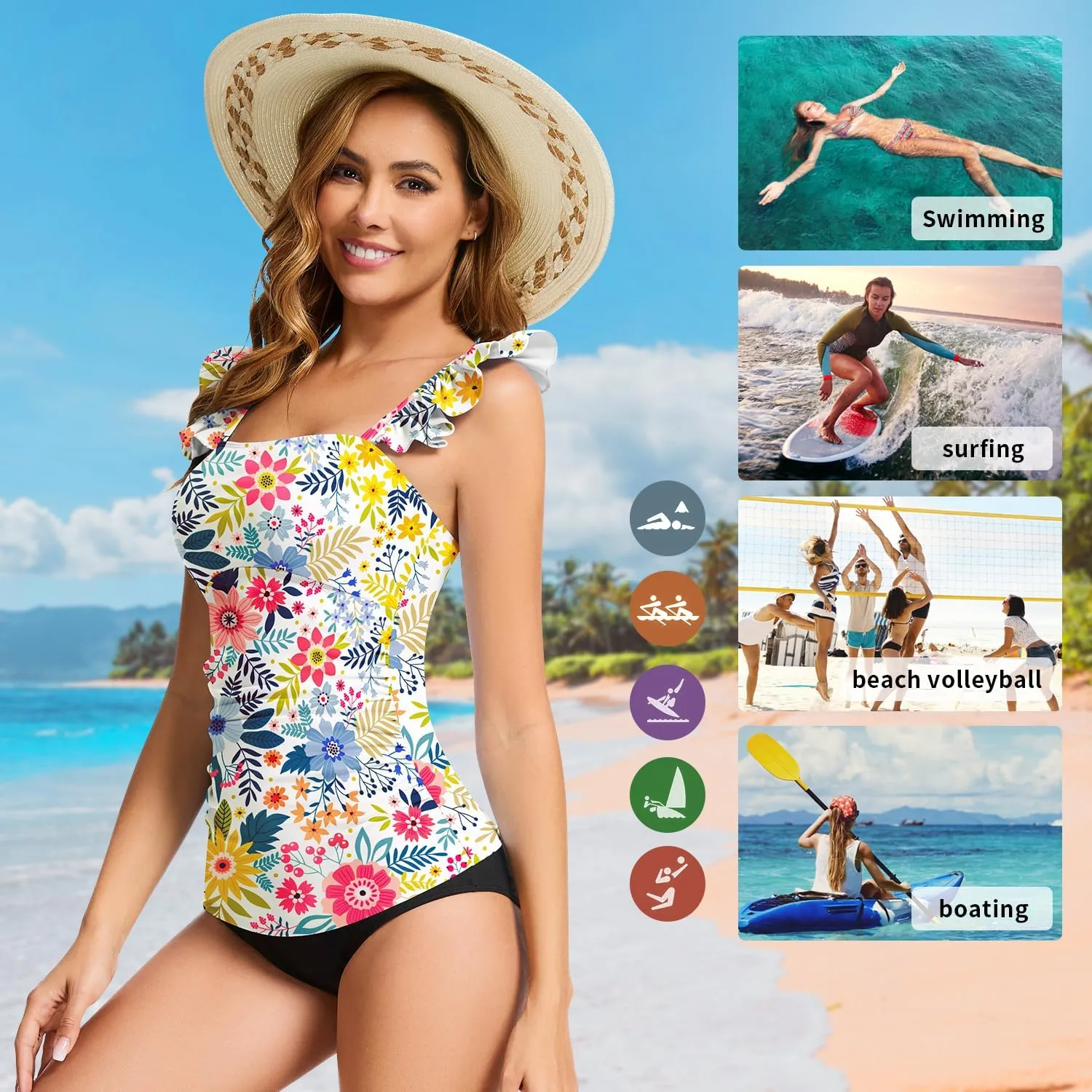 WOWENY Swim Tankini Top Only for Women Tummy Control Tankini Swimsuits UPF 50  Ruffle Bathing Suit Tops No Bottom
