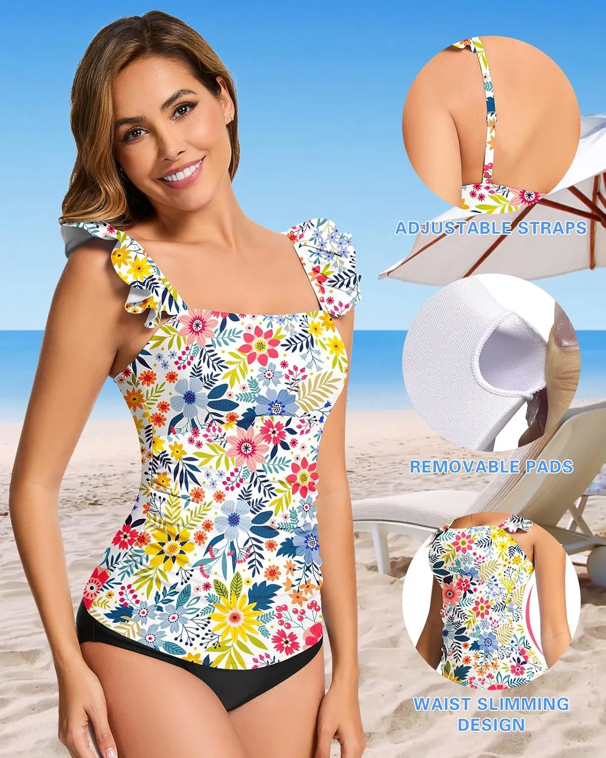 WOWENY Swim Tankini Top Only for Women Tummy Control Tankini Swimsuits UPF 50  Ruffle Bathing Suit Tops No Bottom